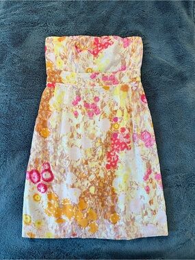 J. Crew Strapless Floral Watercolor Dress in Pink, Yellow & Orange